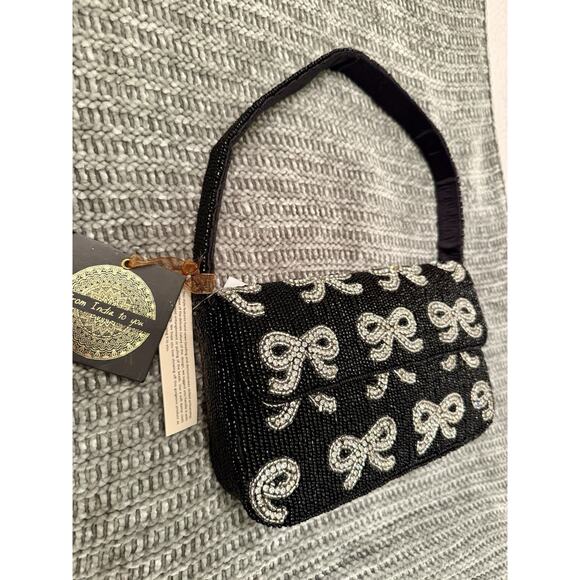 Made in India Black & Silver Bow Beaded Bag Purse, VIRAL! Hard To Find! - Picture 3 of 6